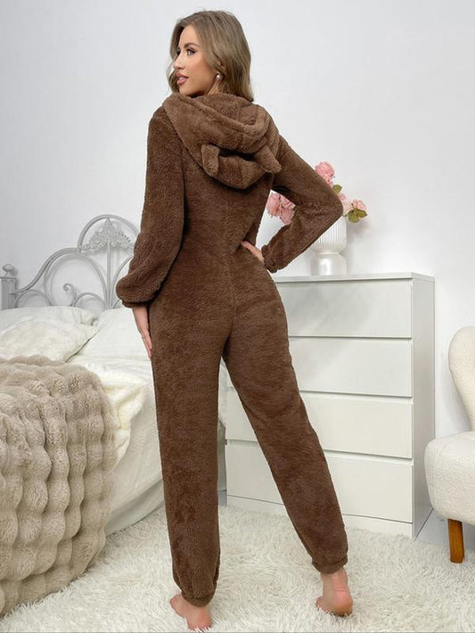 Women'S Solid Zip up Hooded Fuzzy Onesie, Casual Long Sleeve Flannel Jumpsuit for Fall & Winter, Women'S Sleepwear for Indoor Wear